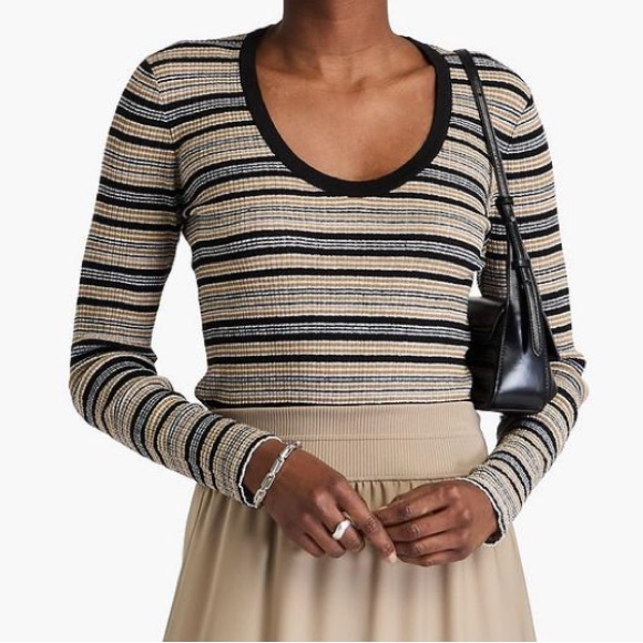 James Perse Knit Striped Long Sleeve Scoop Top Linen Blend Black Tan size 0 New - Picture 1 of 9